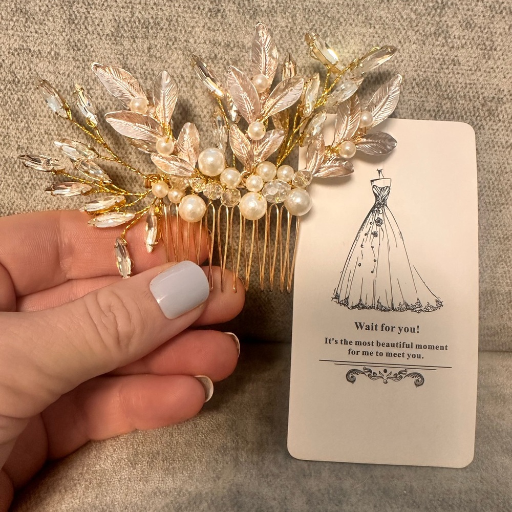 Unicra Wedding Gold & Rose Gold Leaf Crystal & Pearls Bridal Hair Piece NEW